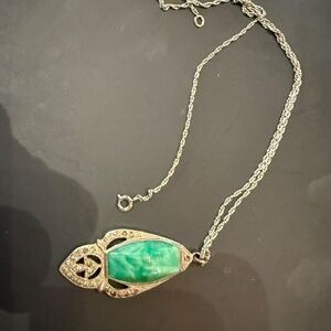 Antique Vintage Mottled Green Glass Art Deco Pendant Necklace